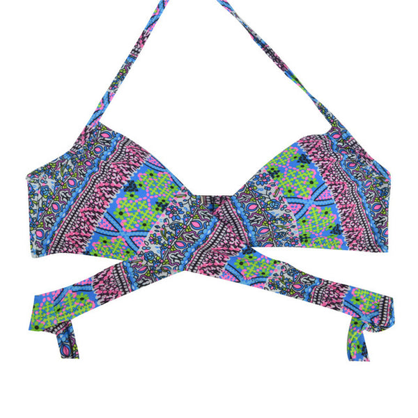 Women Chest Cross Bikini Top Swimwear Print Push Up Swimsuit Beach Sport Swimming Bra Sexy Halter Girls Solid Biquini T608