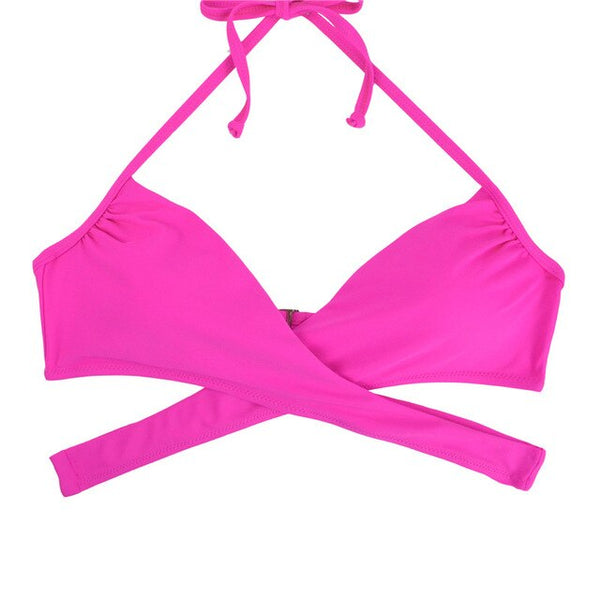 Women Chest Cross Bikini Top Swimwear Print Push Up Swimsuit Beach Sport Swimming Bra Sexy Halter Girls Solid Biquini T608