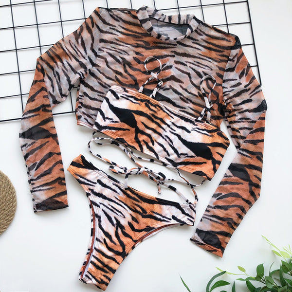 In-X Leopard swimsuit 3 pieces bandage sexy bikini 2020 Bandeau swimwear women Mesh crop top Bathing suit women bathers Biquini