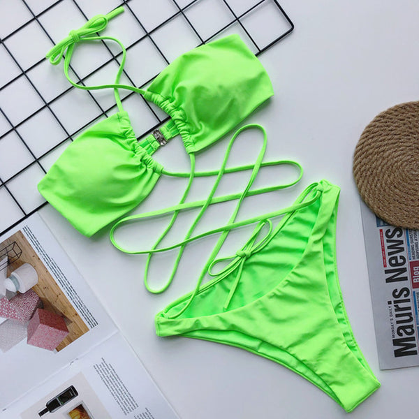 OMKAGI Swimwear Women One Piece Swimsuit Bandage Swimsuit Sexy Biquini Solid Push Up Bikini Set Biquinis Leopard Bikini 2020