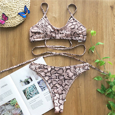 OMKAGI Swimwear Women One Piece Swimsuit Bandage Swimsuit Sexy Biquini Solid Push Up Bikini Set Biquinis Leopard Bikini 2020