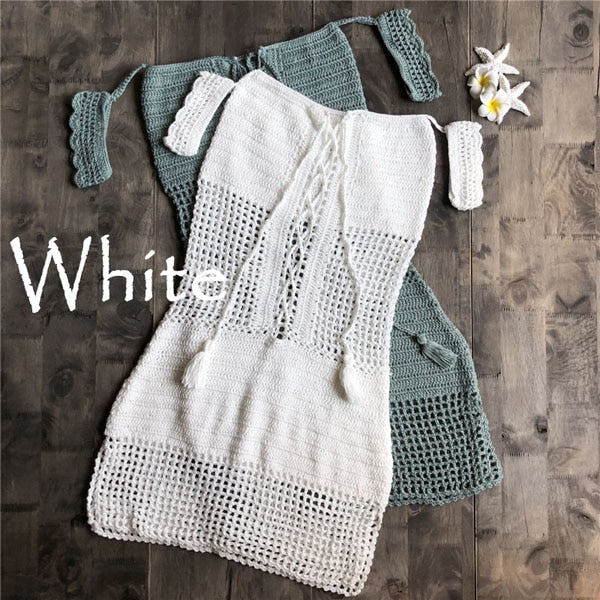 Women Fashion Bandage Hollow-Out Dress Crochet Bikini Cover-Up Boho One Piece Swimwear Sexy Swimsuit
