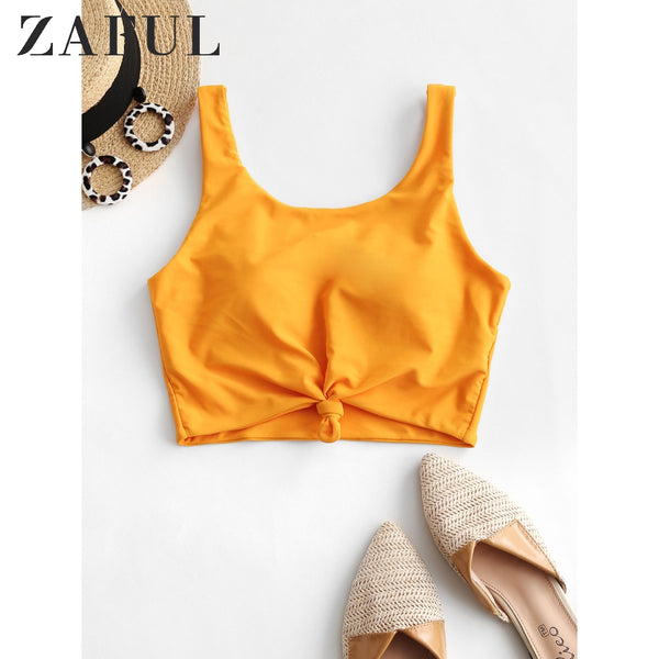 ZAFUL Women Pullover Swim Top Wire Free Scoop Neck Bikini Tops Solid Color Swimming Top 2020 Summer Sexy Swimwear Beach