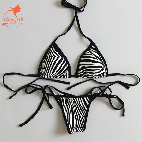 2018 new sexy padded thong bottom bandage swimsuit Halter Brazilian bikinis set Zebra push up women swimwear bathing suit