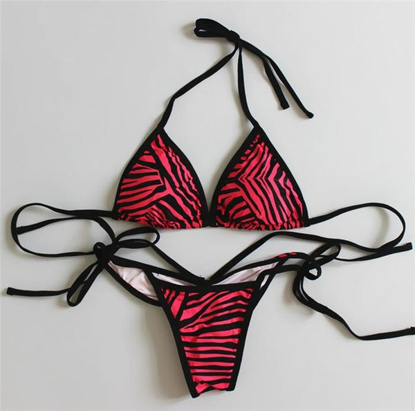 2018 new sexy padded thong bottom bandage swimsuit Halter Brazilian bikinis set Zebra push up women swimwear bathing suit