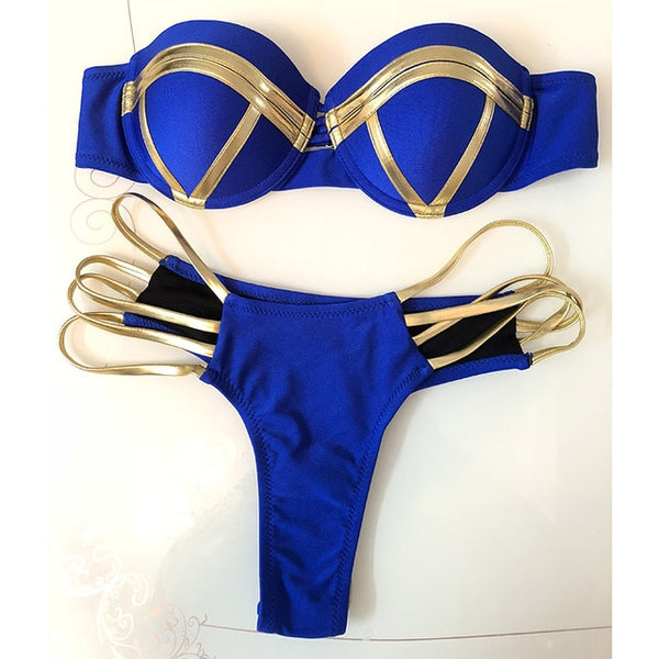 2018 Sexy Bandeau Thong Bikini Set Push Up Swimwear Halter Top for Women Blue Gold Stamping Swimsuit Padded Female Bathing Suit