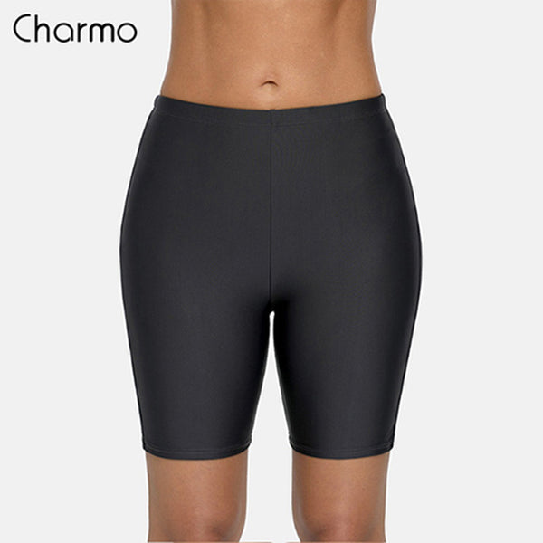 Charmo Women Bikini Bottom Solid Swimwear Shorts  Ladies Slim High Waist Swimming Trunks