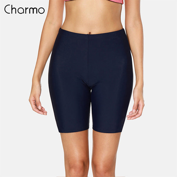 Charmo Women Bikini Bottom Solid Swimwear Shorts  Ladies Slim High Waist Swimming Trunks