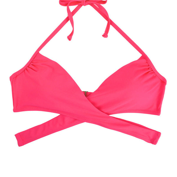 Women Chest Cross Bikini Top Swimwear Print Push Up Swimsuit Beach Sport Swimming Bra Sexy Halter Girls Solid Biquini T608