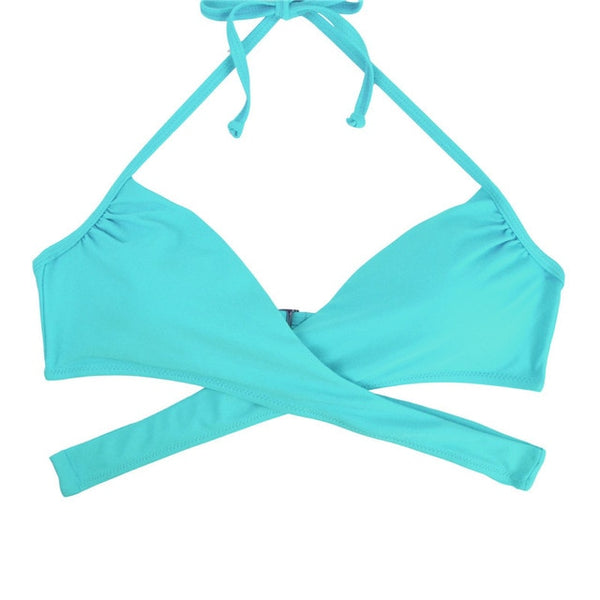 Women Chest Cross Bikini Top Swimwear Print Push Up Swimsuit Beach Sport Swimming Bra Sexy Halter Girls Solid Biquini T608