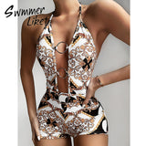 Vintage one piece swimsuit women Belt bathing suit Print swimwear 2020 female Hollow out bodysuit bathers bikini Retro Monokini