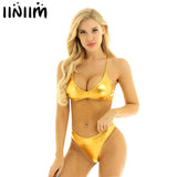 Femme Womens Shiny Metallic Bikini Set for Swimsuit Swimwear Summer Parties Strappy Cross Back Crop Top with Briefs Underwear