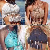 Sexy Women Push Up Tassel Bikini Top Boho Beach Swimwear Crochet Fringe Bikini Bra Halter Camisoles Tank Swimsuit Hot Sale