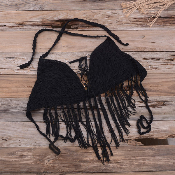 Womens Knit Camisole Bohemian Floral Tassel Halter Top Holiday Crochet Bikini Top Bralette Bra Tank Vest Summer Sexy Beachwear