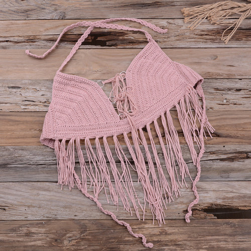 Womens Knit Camisole Bohemian Floral Tassel Halter Top Holiday Crochet Bikini Top Bralette Bra Tank Vest Summer Sexy Beachwear