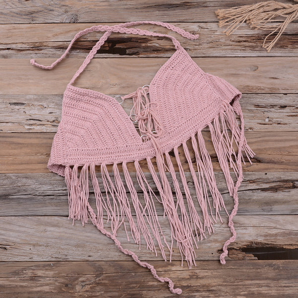 Womens Knit Camisole Bohemian Floral Tassel Halter Top Holiday Crochet Bikini Top Bralette Bra Tank Vest Summer Sexy Beachwear