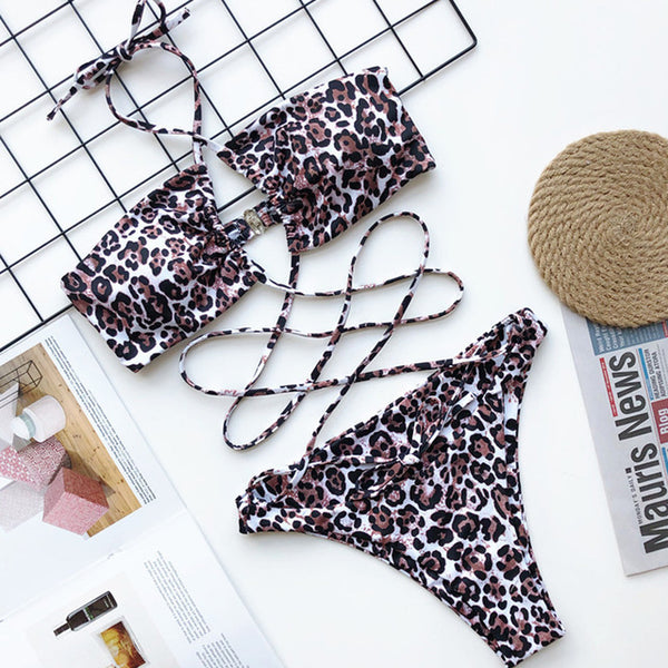 OMKAGI Swimwear Women  One Piece Swimsuit Bandage Swimsuit Sexy Biquini Solid Push Up Bikini Set Biquinis Leopard Bikini 2020