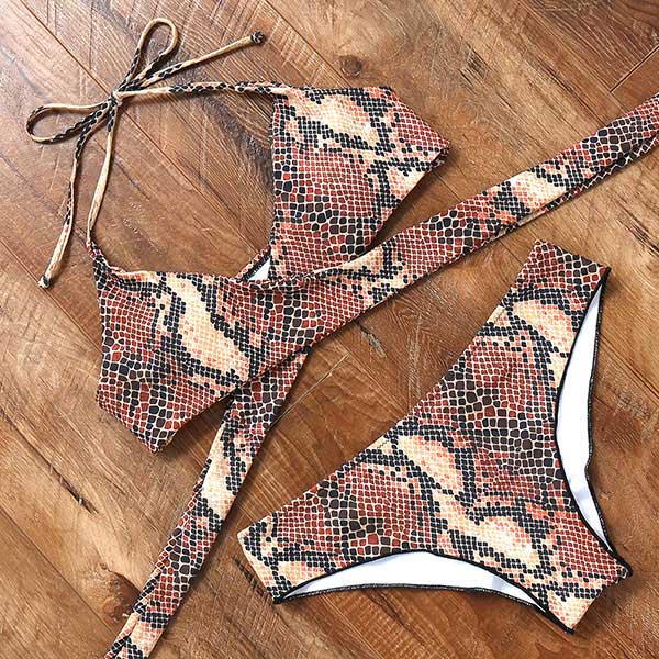 Leopard Swimsuit Snake Print Bikini 2020 Sexy Cross Bandage Bathing Suit Women Push Up Separate Bikini Set Halter Top Swimwear