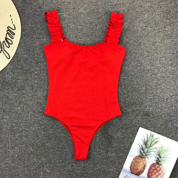 Peachtan Sexy high cut bodysuit bikini 2020 Solid white swimsuit one piece monokini Ruffle swimwear women bathers bathing suit
