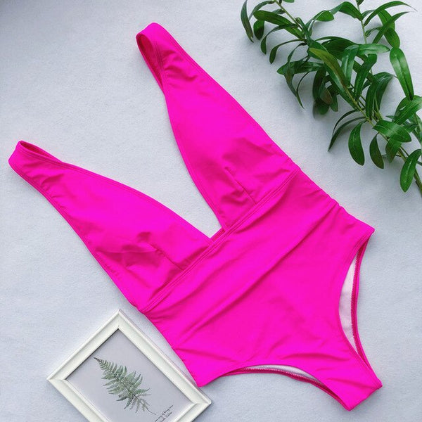 Peachtan Maillot de bain femme 2020 swimwear Women bodysuits One-pieces swimsuit High cut monokini Deep v-neck bikini push up