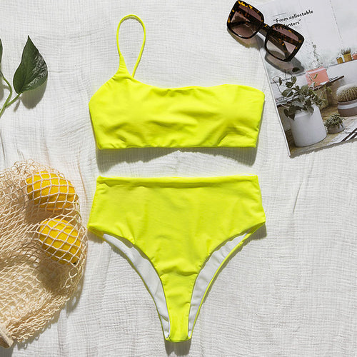 In-X High waist bikinis 2020 mujer Neon swimsuit female one shoulder swimwear women Bandeau top Sexy green bathing suit bathers