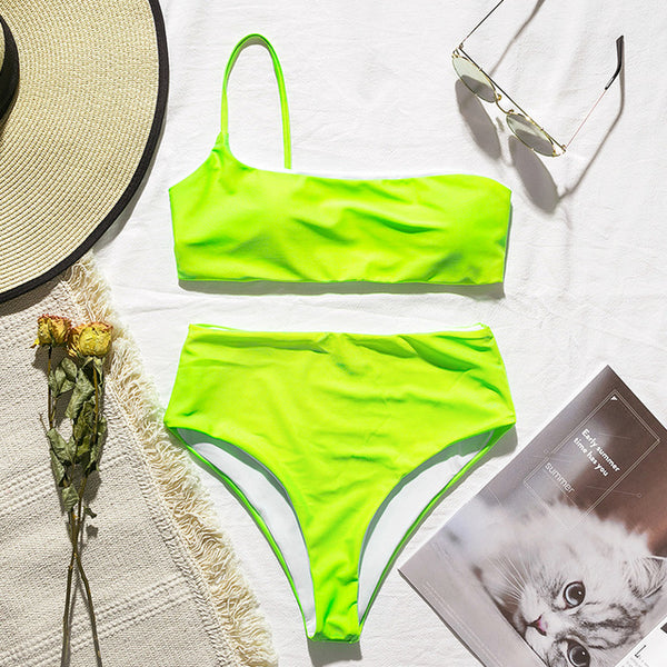 In-X High waist bikinis 2020 mujer Neon swimsuit female one shoulder swimwear women Bandeau top Sexy green bathing suit bathers
