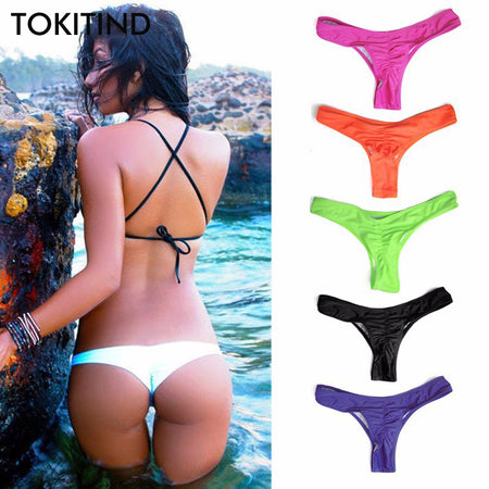 2019 Sexy Solid Thong Bikini Brazilian Cut Swimwear Women Bottom Adjustable Briefs Swimsuit Panties Underwear Thong Bathing Suit