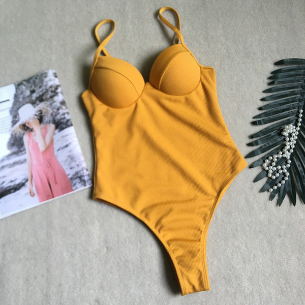Push up thong bikini 2019 High cut one piece swimsuit female monokini String sexy bathing suit Ribbed backless bodysuit swimwear