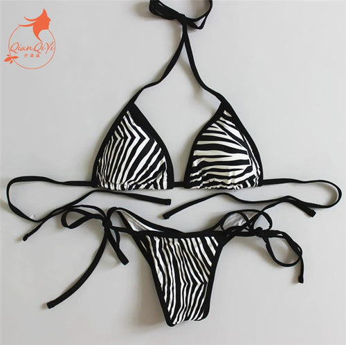 2018 new sexy padded thong bottom bandage swimsuit  Halter Brazilian bikinis set Zebra push up women swimwear bathing suit