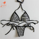 2018 new sexy padded thong bottom bandage swimsuit  Halter Brazilian bikinis set Zebra push up women swimwear bathing suit
