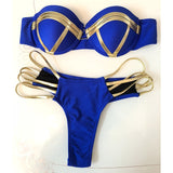 2018 Sexy Bandeau Thong Bikini Set Push Up Swimwear Halter Top for Women Blue Gold Stamping Swimsuit Padded Female Bathing Suit