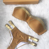 2018 Sexy Bandeau Thong Bikini Set Push Up Swimwear Halter Top for Women Blue Gold Stamping Swimsuit Padded Female Bathing Suit