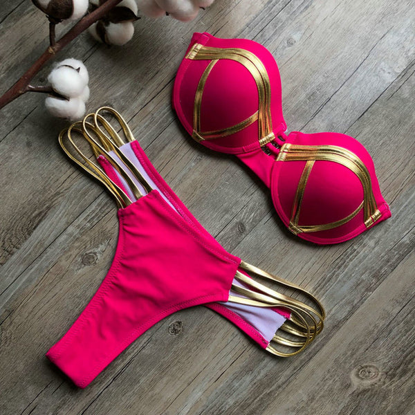 2018 Sexy Bandeau Thong Bikini Set Push Up Swimwear Halter Top for Women Blue Gold Stamping Swimsuit Padded Female Bathing Suit